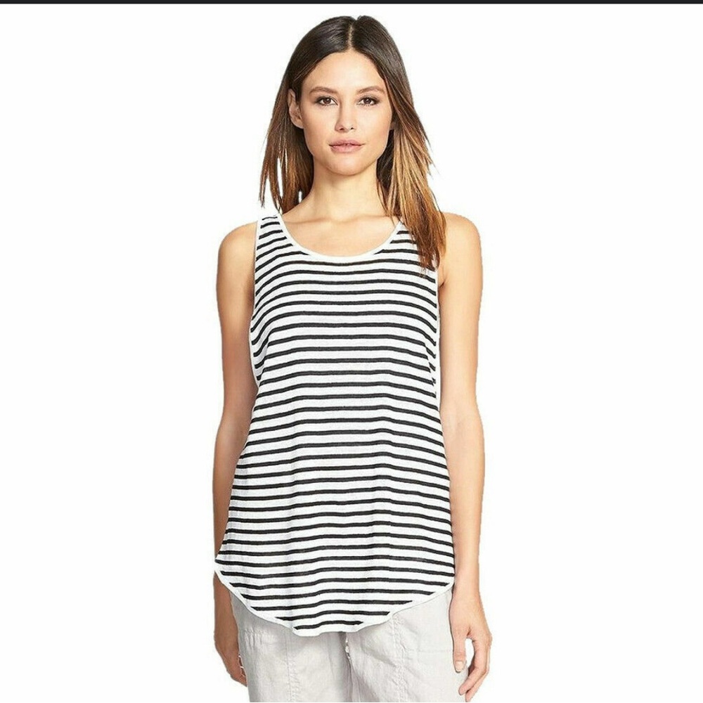 NEW EILEEN FISHER White Black Fine‎ Linen Crepe Stripe Knit Long Tank Top Small